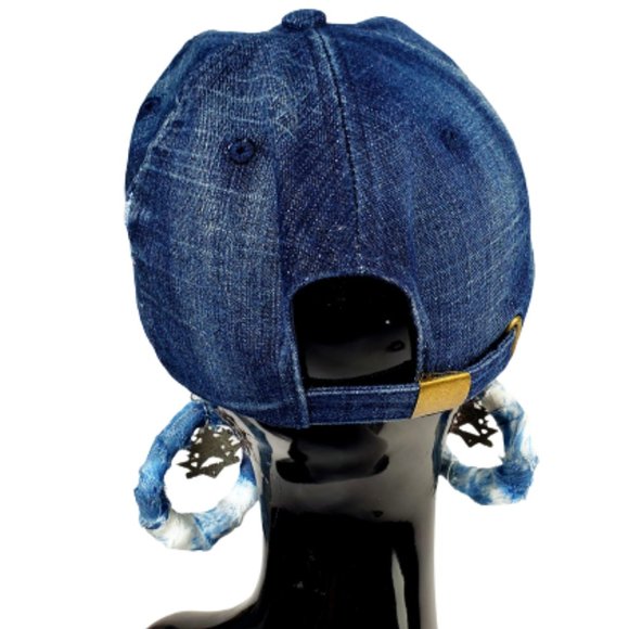 Dallas Star Denim Distressed Adj. Football Cap with Crystals & Studs. - Picture 2 of 3
